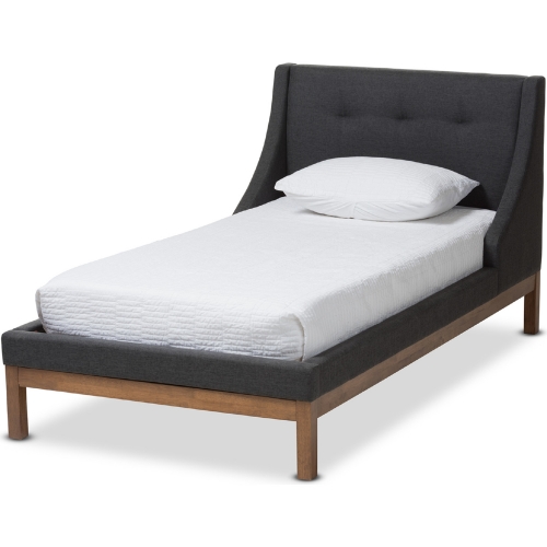 Louvain Twin Platform Bed in Dark Gray Fabric & Walnut Finish