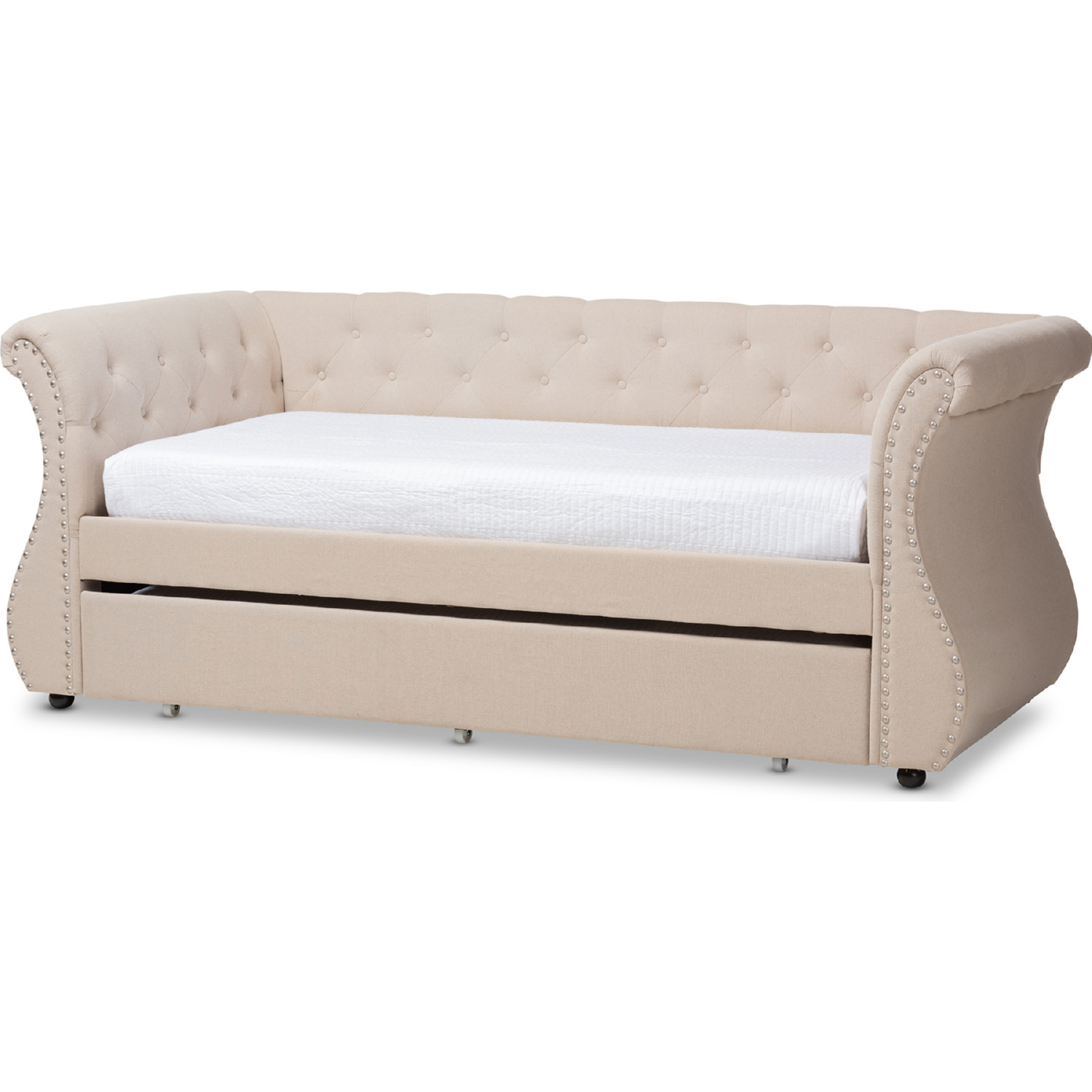 Cherine Twin Daybed w Trundle in Tufted Beige Fabric by Baxton