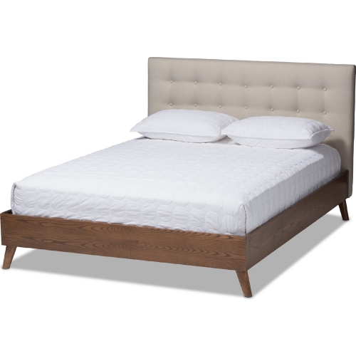 Alinia King Platform Bed in Tufted Light Beige Fabric & Walnut Finish