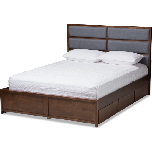 Macey King Storage Platform Bed in Gray Fabric & Walnut Finish