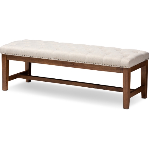 Ainsley Bench in Tufted Light Beige Fabric & Walnut Finish Wood