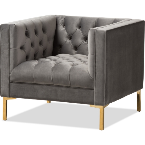 Zanetta Accent Lounge Chair in Tufted Gray Velvet & Gold