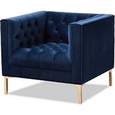 Zanetta Accent Lounge Chair in Tufted Navy Blue Velvet & Gold