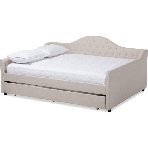 Eliza Queen Daybed with Trundle in Tufted Light Beige Fabric