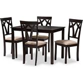 Sylvia 5 Piece Dining Set in Sand Fabric & Espresso Brown Finish