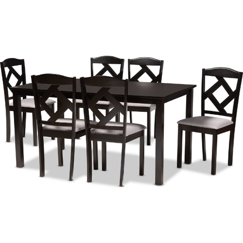 Ruth 7 Piece Dining Set in Gray Fabric & Dark Wood