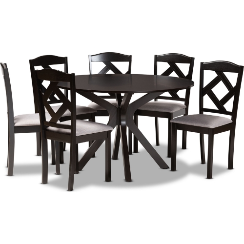 Carlin 7 Piece Dining Set Gray Fabric & in Dark Brown Wood