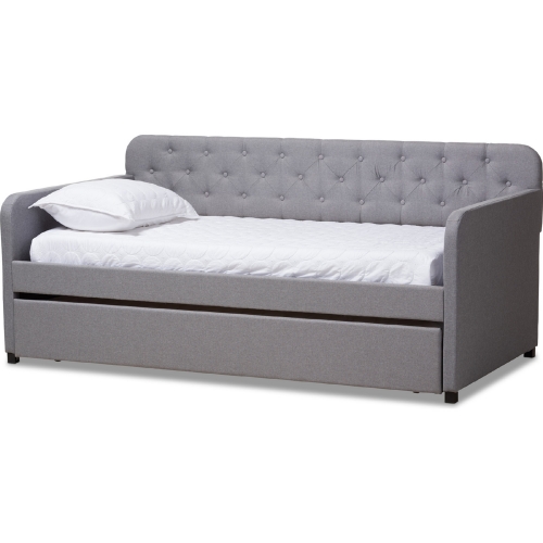 Camelia Twin Daybed w/ Roll Out Trundle in Tufted Gray Fabric