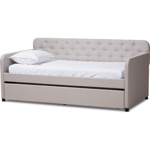 Camelia Twin Daybed w/ Roll Out Trundle in Tufted Beige Fabric