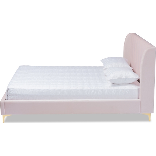 Saverio Queen Platform Bed in Channel Tufted Light Pink Velvet & Gold