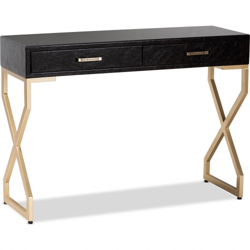 Carville 2 Drawer Console Table in Dark Brown Leatherette & Gold