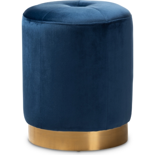 Alonza Round Ottoman in Navy Blue Velvet & Gold