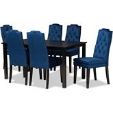 Dylin 7 Piece Dining Set in Navy Blue Fabric & Dark Wood