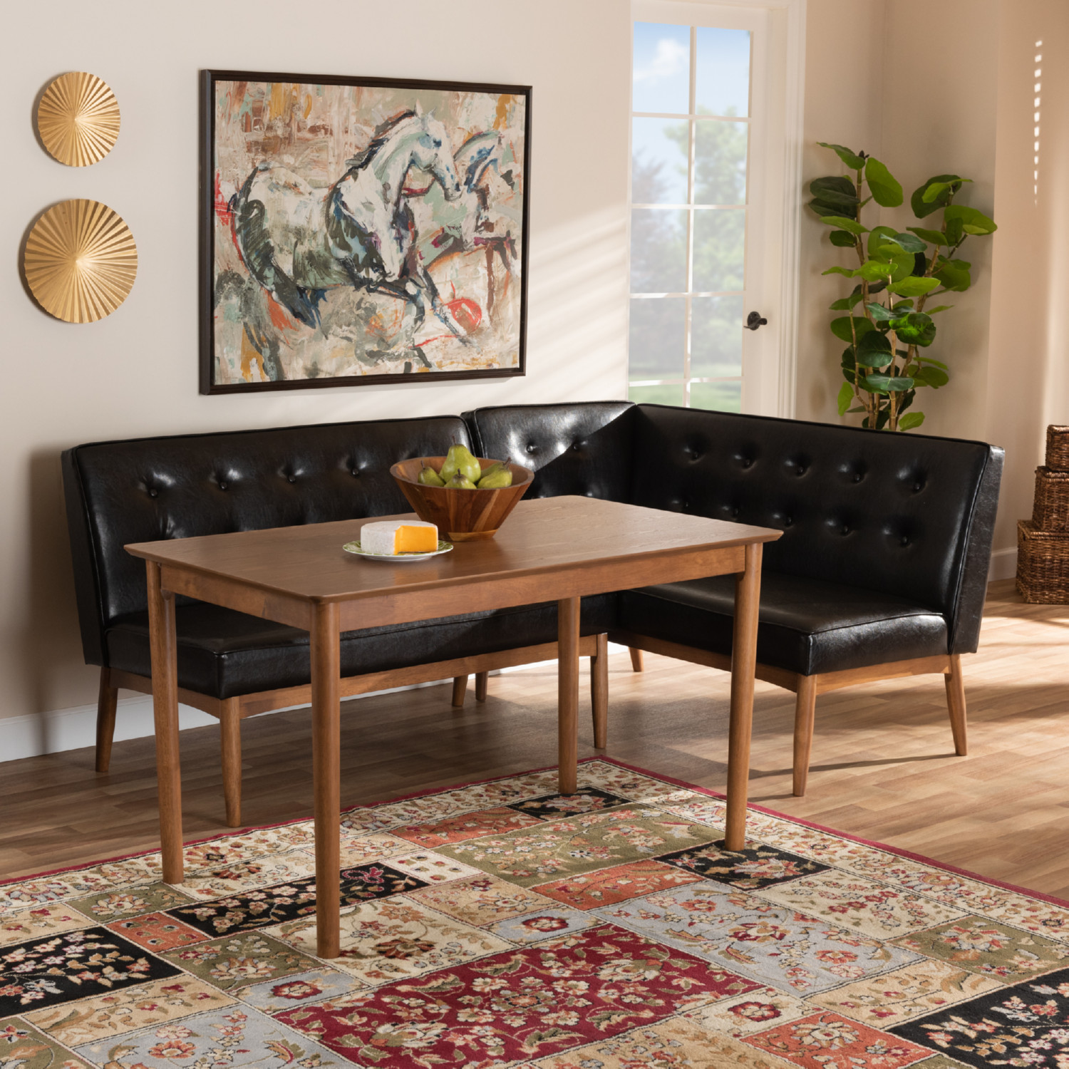 Baxton BBT8051 Dark Brown Walnut 3PC Dining Nook Set Arvid 3 Piece