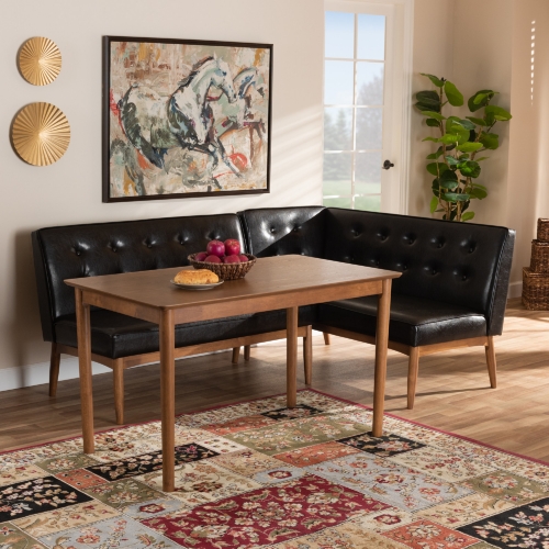 Arvid 3 Piece Dining Nook Set in Dark Brown Leatherette & Walnut Finish