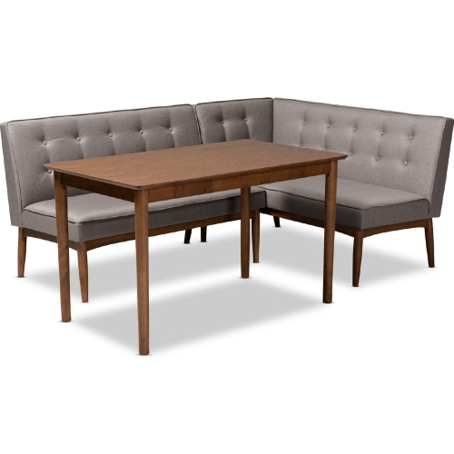 Arvid 3 Piece Wood Dining Nook Set in Gray Fabric & Walnut Finish