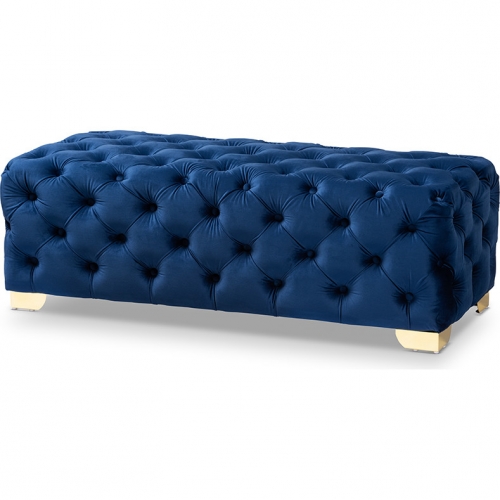 Avara Bench Ottoman in Tufted Royal Blue Velvet & Gold Metal