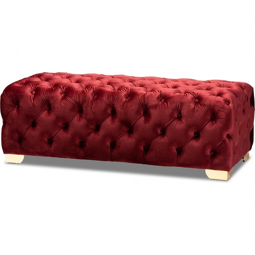 Avara Bench Ottoman in Tufted Burgundy Velvet & Gold Metal