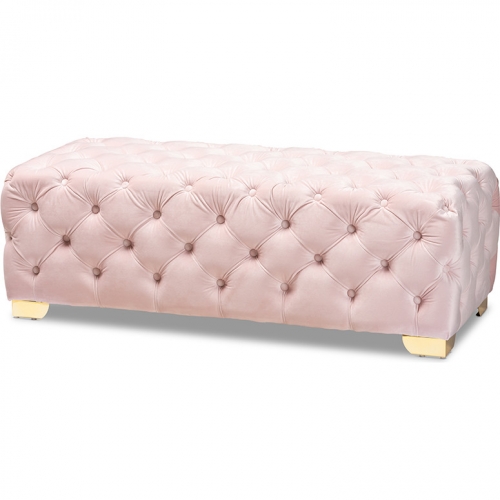 Avara Bench Ottoman in Tufted Light Pink Velvet & Gold Metal