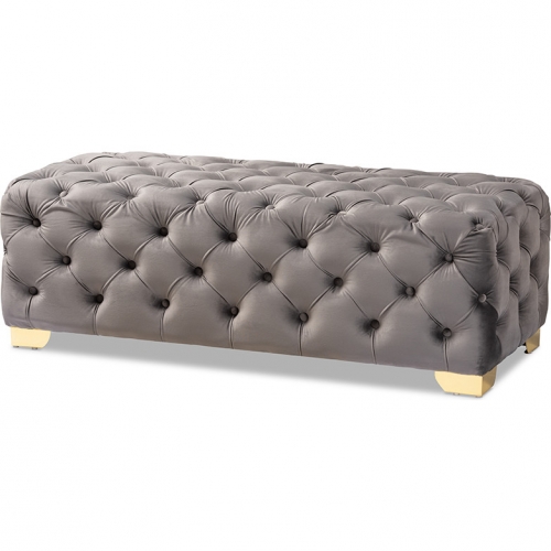 Avara Bench Ottoman in Tufted Gray Velvet & Gold Metal