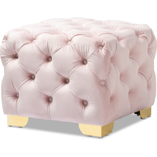 Avara Ottoman in Tufted Light Pink Velvet & Gold Metal