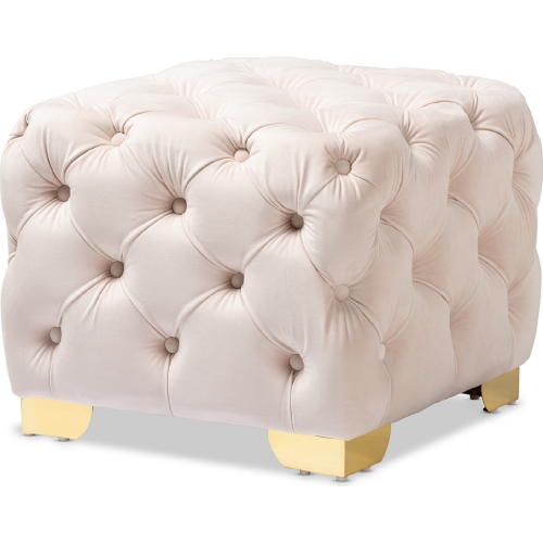 Avara Ottoman in Tufted Light Beige Velvet & Gold Metal