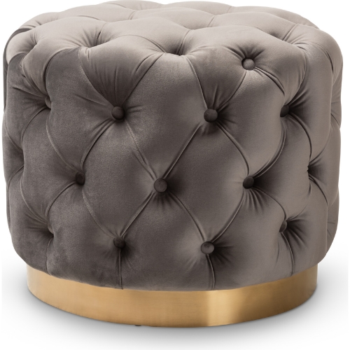 Valeria Ottoman in Tufted Gray Velvet & Gold