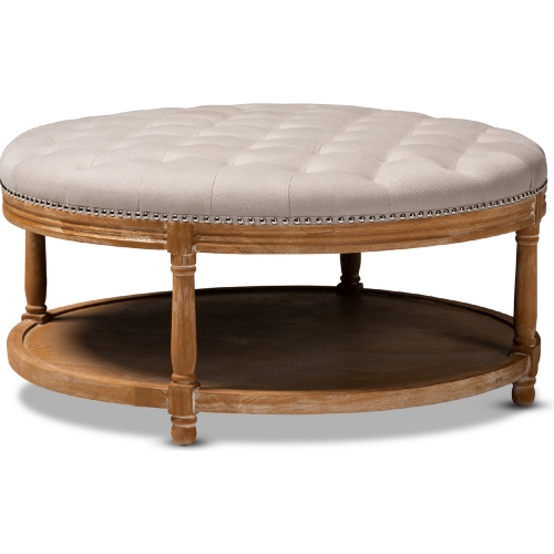 Ambroise Cocktail Ottoman w/ Shelf in Tufted Beige Linen & White Wash Oak