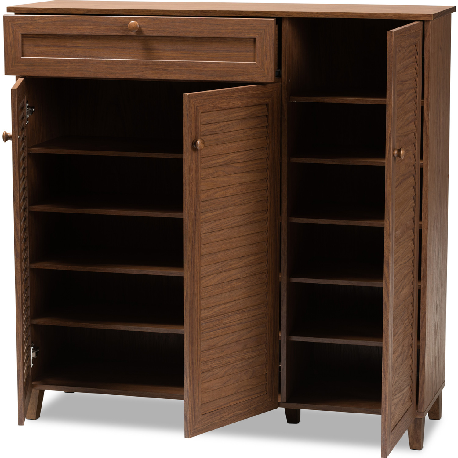 Baxton FP 05LV Walnut Coolidge 11 Shelf Shoe Storage Cabinet w