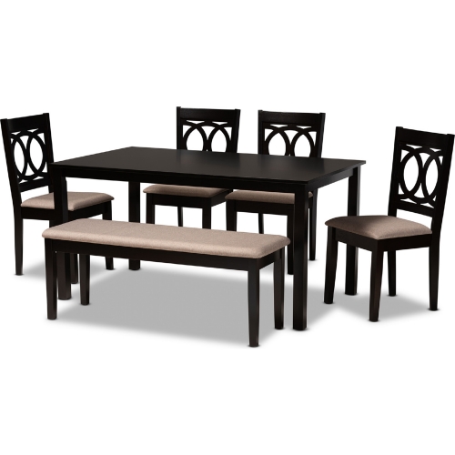 Bennett 6 Piece Dining Set in Sand Fabric & Dark Brown Wood