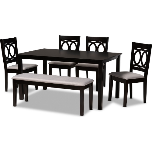 Bennett 6 Piece Dining Set in Gray Fabric & Dark Brown Wood