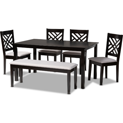 Gustavo 6 Piece Dining Set in Gray Fabric & Dark Brown Wood