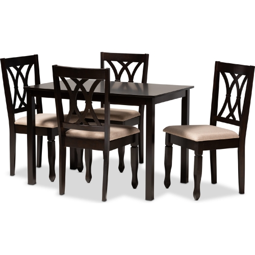 Reneau 5 Piece Dining Set in Sand Fabric & Espresso Finish