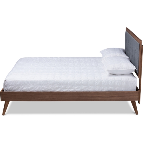 Ines King Platform Bed in Dark Gray Fabric & Walnut Finish