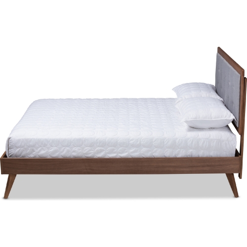 Ines Full Platform Bed in Light Gray Fabric & Walnut Finish