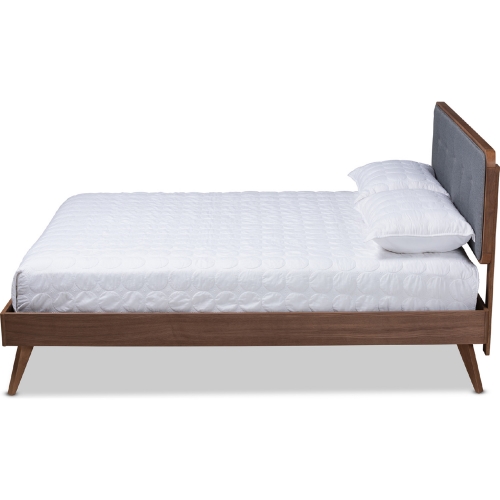 Dilara King Platform Bed in Dark Gray Fabric & Walnut Finish