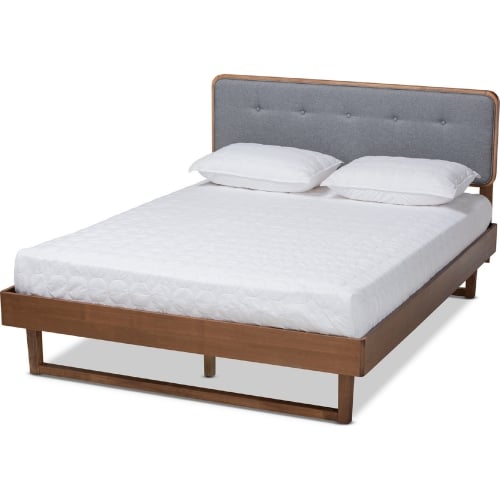 Natalia Queen Platform Bed in Dark Gray Fabric & Ash Walnut Finish