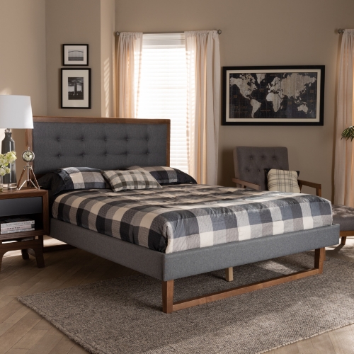 Emele Full Platform Bed in Gray Fabric & Ash Walnut