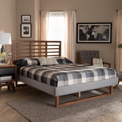 Luciana Queen Platform Bed in Light Gray Fabric & Ash Walnut