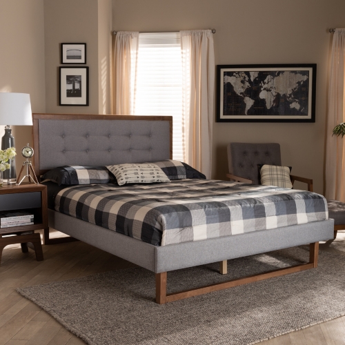 Livinia Full Platform Bed in Gray Fabric & Ash Walnut