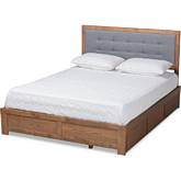 Lene King Platform Storage Bed in Gray Fabric & Ash Walnut Finish