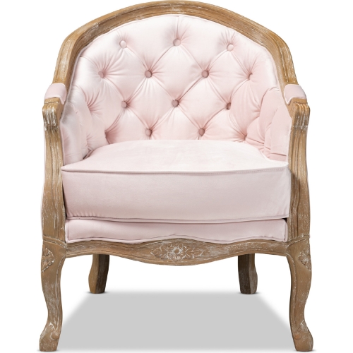 Genevieve Accent Chair in Light Pink Velvet & White Wash Oak Wood