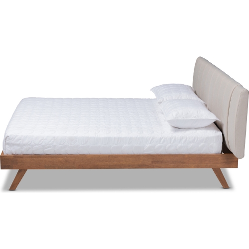 Brita King Bed in Tufted Light Beige Fabric & Walnut Finish