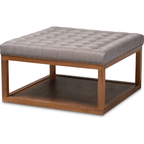 Alvere Cocktail Ottoman in Tufted Gray Fabric & Walnut Finish