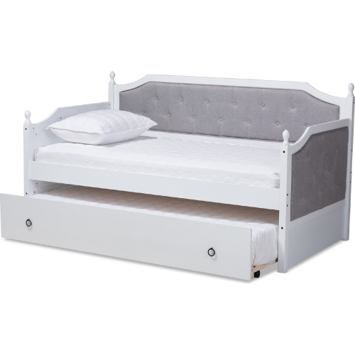 Mara Twin Daybed w/ Trundle in Gray Fabric & White Wood