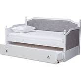 Mara Twin Daybed w/ Trundle in Gray Fabric & White Wood