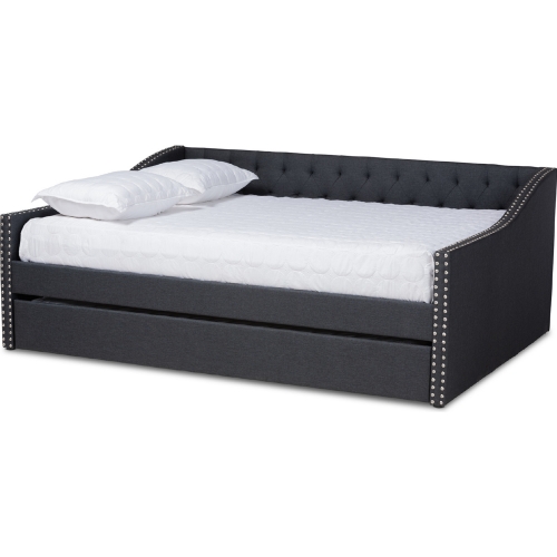 Haylie Full Daybed w/ Roll Out Trundle in Tufted Dark Gray Fabric