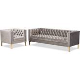 Zanetta Sofa & Accent Chair Set in Tufted Gray Velvet & Gold