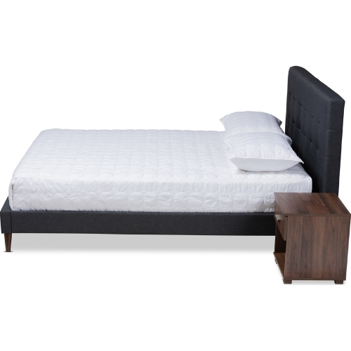 Maren Queen Bed & 2 Nightstands in Charcoal Fabric & Walnut Finish