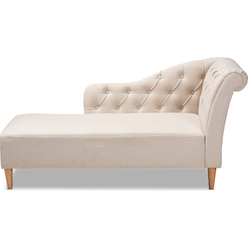 Emeline Chaise Lounge in Tufted Beige Fabric & Oak Finish